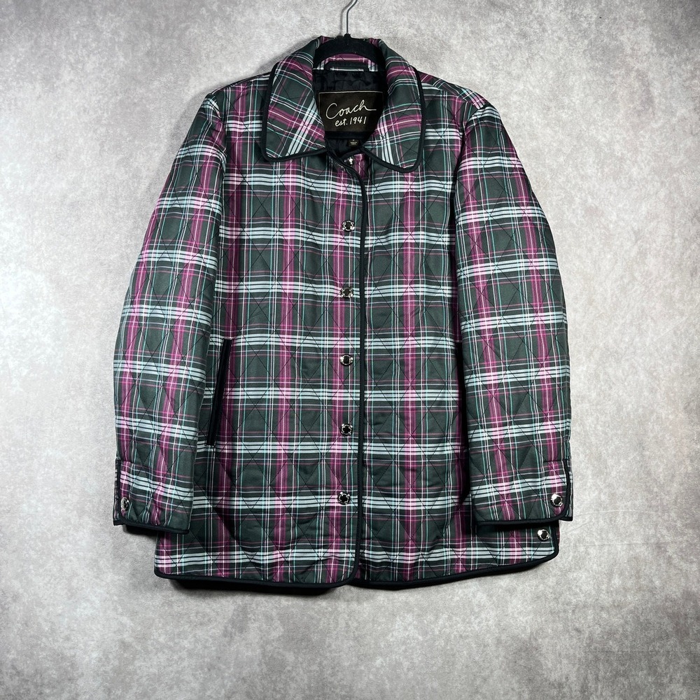 Coach Plaid Quilted Jacket Womens Medium Pink Button Front Barn‎ Jacket Pockets